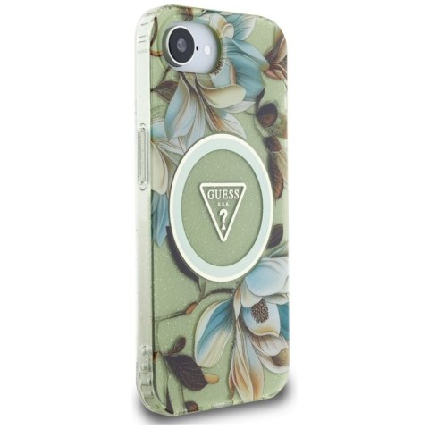 Guess IML Metal Glitter Flowers Triangle MagSafe - Etui do iPhone 16e (zielony) Guess IML Metal Glitter Flowers Triangle MagSafe - Etui do iPhone 16e (zielony)