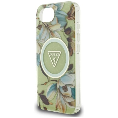 Guess IML Metal Glitter Flowers Triangle MagSafe - Etui do iPhone 16e (zielony) Guess IML Metal Glitter Flowers Triangle MagSafe - Etui do iPhone 16e (zielony)