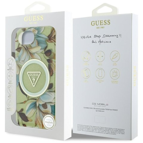 Guess IML Metal Glitter Flowers Triangle MagSafe - Etui do iPhone 16e (zielony) Guess IML Metal Glitter Flowers Triangle MagSafe - Etui do iPhone 16e (zielony)