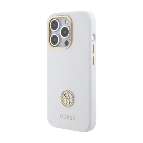 Guess Silicone Logo Strass 4G - Etui iPhone 15 Pro Max (biały) Guess Silicone Logo Strass 4G - Etui iPhone 15 Pro Max (biały)