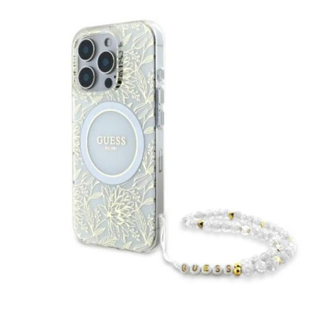 Guess IML Flowers Allover Electro With Pearl Strap MagSafe - Etui iPhone 16 Pro (biały) Guess IML Flowers Allover Electro With Pearl Strap MagSafe - Etui iPhone 16 Pro (biały)