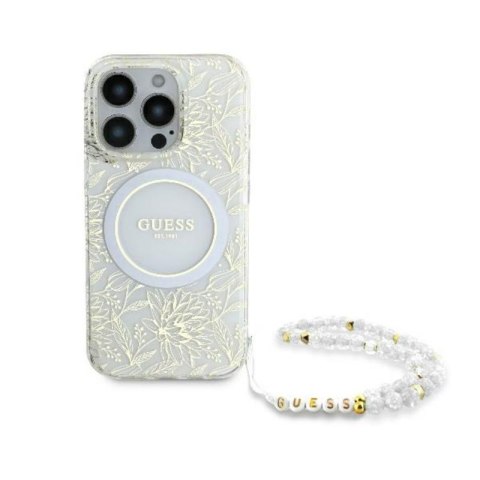 Guess IML Flowers Allover Electro With Pearl Strap MagSafe - Etui iPhone 16 Pro (biały) Guess IML Flowers Allover Electro With Pearl Strap MagSafe - Etui iPhone 16 Pro (biały)
