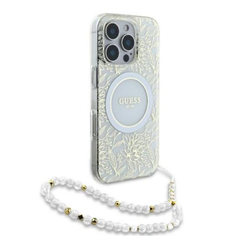Guess IML Flowers Allover Electro With Pearl Strap MagSafe - Etui iPhone 16 Pro (biały) Guess IML Flowers Allover Electro With Pearl Strap MagSafe - Etui iPhone 16 Pro (biały)