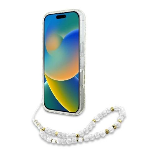 Guess IML Flowers Allover Electro With Pearl Strap MagSafe - Etui iPhone 16 Pro (biały) Guess IML Flowers Allover Electro With Pearl Strap MagSafe - Etui iPhone 16 Pro (biały)