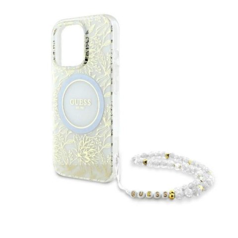 Guess IML Flowers Allover Electro With Pearl Strap MagSafe - Etui iPhone 16 Pro (biały) Guess IML Flowers Allover Electro With Pearl Strap MagSafe - Etui iPhone 16 Pro (biały)