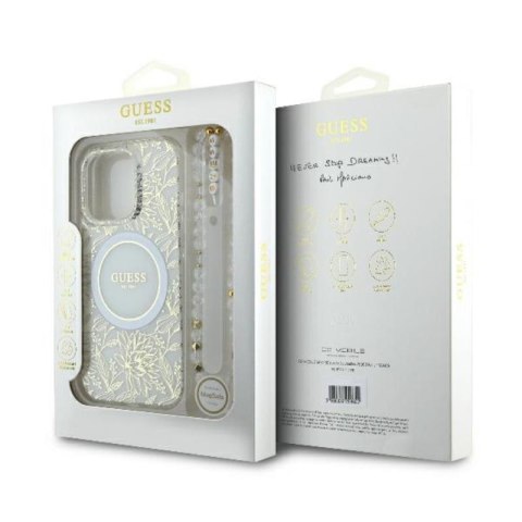 Guess IML Flowers Allover Electro With Pearl Strap MagSafe - Etui iPhone 16 Pro (biały) Guess IML Flowers Allover Electro With Pearl Strap MagSafe - Etui iPhone 16 Pro (biały)