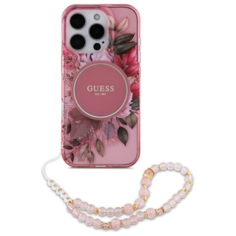Guess IML Flowers With Pearl Strap MagSafe - Etui iPhone 16 Pro Max (różowy) Guess IML Flowers With Pearl Strap MagSafe - Etui iPhone 16 Pro Max (różowy)