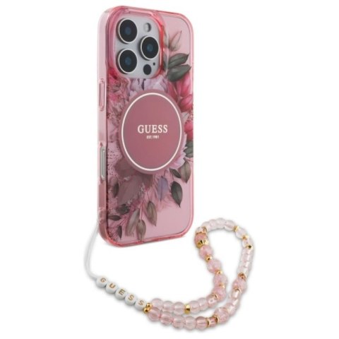 Guess IML Flowers With Pearl Strap MagSafe - Etui iPhone 16 Pro Max (różowy) Guess IML Flowers With Pearl Strap MagSafe - Etui iPhone 16 Pro Max (różowy)