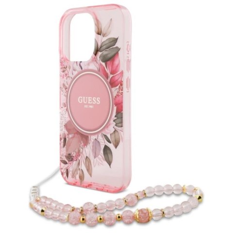 Guess IML Flowers With Pearl Strap MagSafe - Etui iPhone 16 Pro Max (różowy) Guess IML Flowers With Pearl Strap MagSafe - Etui iPhone 16 Pro Max (różowy)