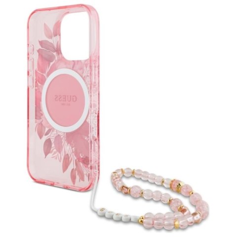 Guess IML Flowers With Pearl Strap MagSafe - Etui iPhone 16 Pro Max (różowy) Guess IML Flowers With Pearl Strap MagSafe - Etui iPhone 16 Pro Max (różowy)