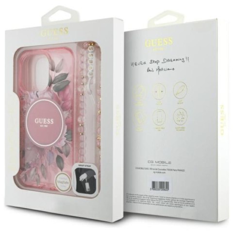 Guess IML Flowers With Pearl Strap MagSafe - Etui iPhone 16 Pro Max (różowy) Guess IML Flowers With Pearl Strap MagSafe - Etui iPhone 16 Pro Max (różowy)