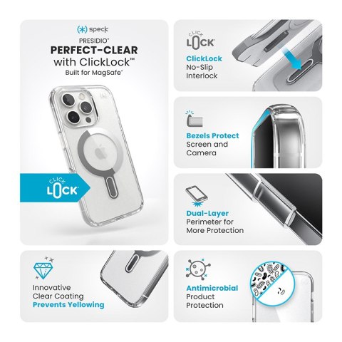 Speck Presidio Perfect-Clear ClickLock & MagSafe - Etui iPhone 16 Pro (Clear / Chrome Finish / Serene Silver) Speck Presidio Perfect-Clear ClickLock & MagSafe - Etui iPhone 16 Pro (Clear / Chrome Finish / Serene Silver)