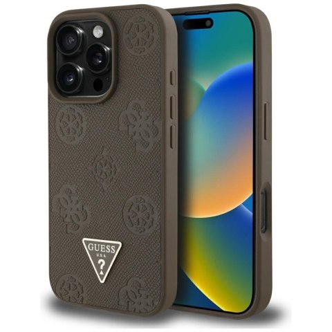 Guess Grained Hot Stamp Peony Triangle Logo MagSafe - Etui do iPhone 16 Pro (brązowy) Guess Grained Hot Stamp Peony Triangle Logo MagSafe - Etui do iPhone 16 Pro (brązowy)