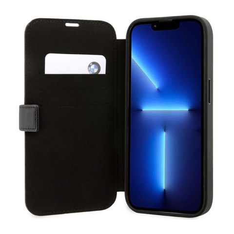 BMW Booktype Leather Textured & Stripe - Etui iPhone 14 Pro (czarny) BMW Booktype Leather Textured & Stripe - Etui iPhone 14 Pro (czarny)