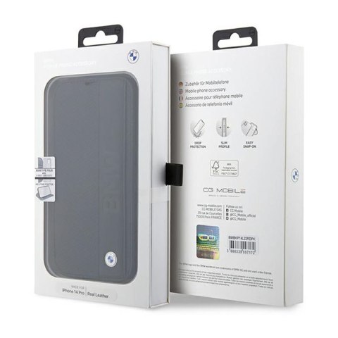 BMW Booktype Leather Textured & Stripe - Etui iPhone 14 Pro (czarny) BMW Booktype Leather Textured & Stripe - Etui iPhone 14 Pro (czarny)