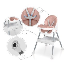 Różowe krzesełko do karmienia 3w1 z regulowaną tacką, 5-punktowymi pasami