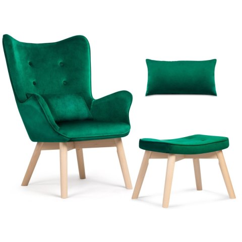 Fotel uszak z podnóżkiem NORSE ciemnozielony welur bukowe nogi Sofotel