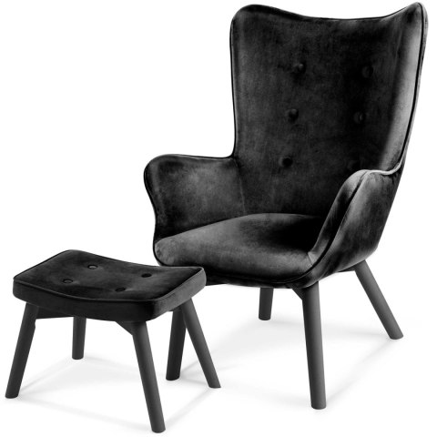 Fotel uszak z podnóżkiem NORSE czarny welur bukowe nogi Sofotel