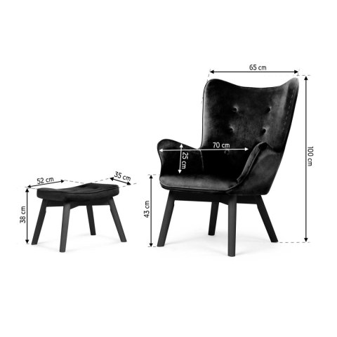 Fotel uszak z podnóżkiem NORSE czarny welur bukowe nogi Sofotel
