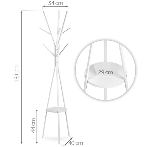 Wieszak stojący metalowy biały z półką 181 cm biały Massido przedpokój Wieszak stojący metalowy biały z półką 181 cm biały Massido przedpokój