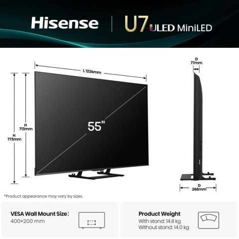 Telewizor 55" Hisense 55U7Q ULED 4K 144Hz VIDAA Smart OS Al Czarny
