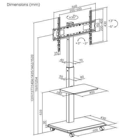 ERGO OFFICE STAND / WÓZEK DLA TV, MAX. OBCIĄŻENIE 50KG / 5KG PÓŁKA, MAX. VESA 600X400, WBUD. LISTWA ZASIL., CZARNY ER-304 B