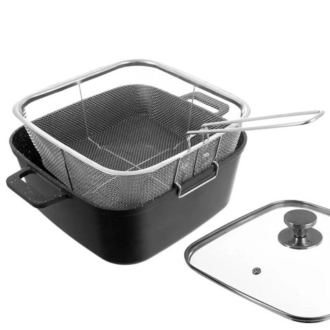 Garnek granitowy ze szklaną pokrywką patelnią grillową koszyczkiem GRANDE 2+4 l 4 el.
