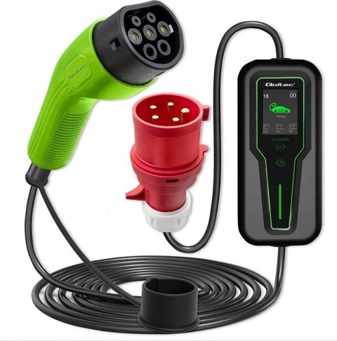 Qoltec Mobilna ładowarka do samochodu elektrycznego EV z regulacją 2w1 Typ2 SCHUKO 3.5kW 230V LCD Przenośna Wallbox 5m