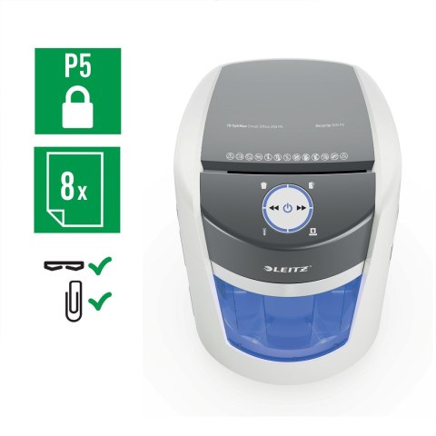 Niszczarka Leitz IQ OptiMax Small Office 350, 22l, P5, 8 kartek, Automatyczny Start/Stop, Funkcja cofania, Obrotowy pojemnik - 3 Niszczarka Leitz IQ OptiMax Small Office 350, 22l, P5, 8 kartek, Automatyczny Start/Stop, Funkcja cofania, Obrotowy pojemnik - 3