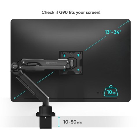 ONKRON G90-B Uchwyt biurkowy obrotowo-nachylny do monitora 13"-34" maks 10 kg, z obracaniem, czarny